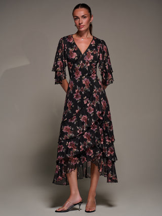 Frill Trim Mesh Maxi Dress, Red Floral