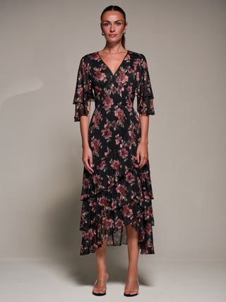 Frill Trim Mesh Maxi Dress, Red Floral