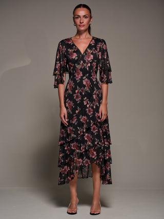 Frill Trim Mesh Maxi Dress, Red Floral