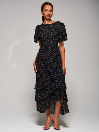 Ruffle Detail Chiffon Midaxi Dress, Black Heart