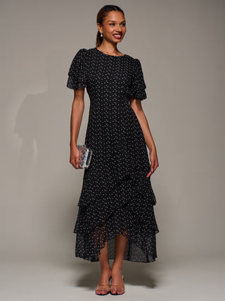 Ruffle Detail Chiffon Midaxi Dress, Black Heart