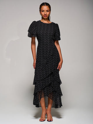 Ruffle Detail Chiffon Midaxi Dress, Black Heart