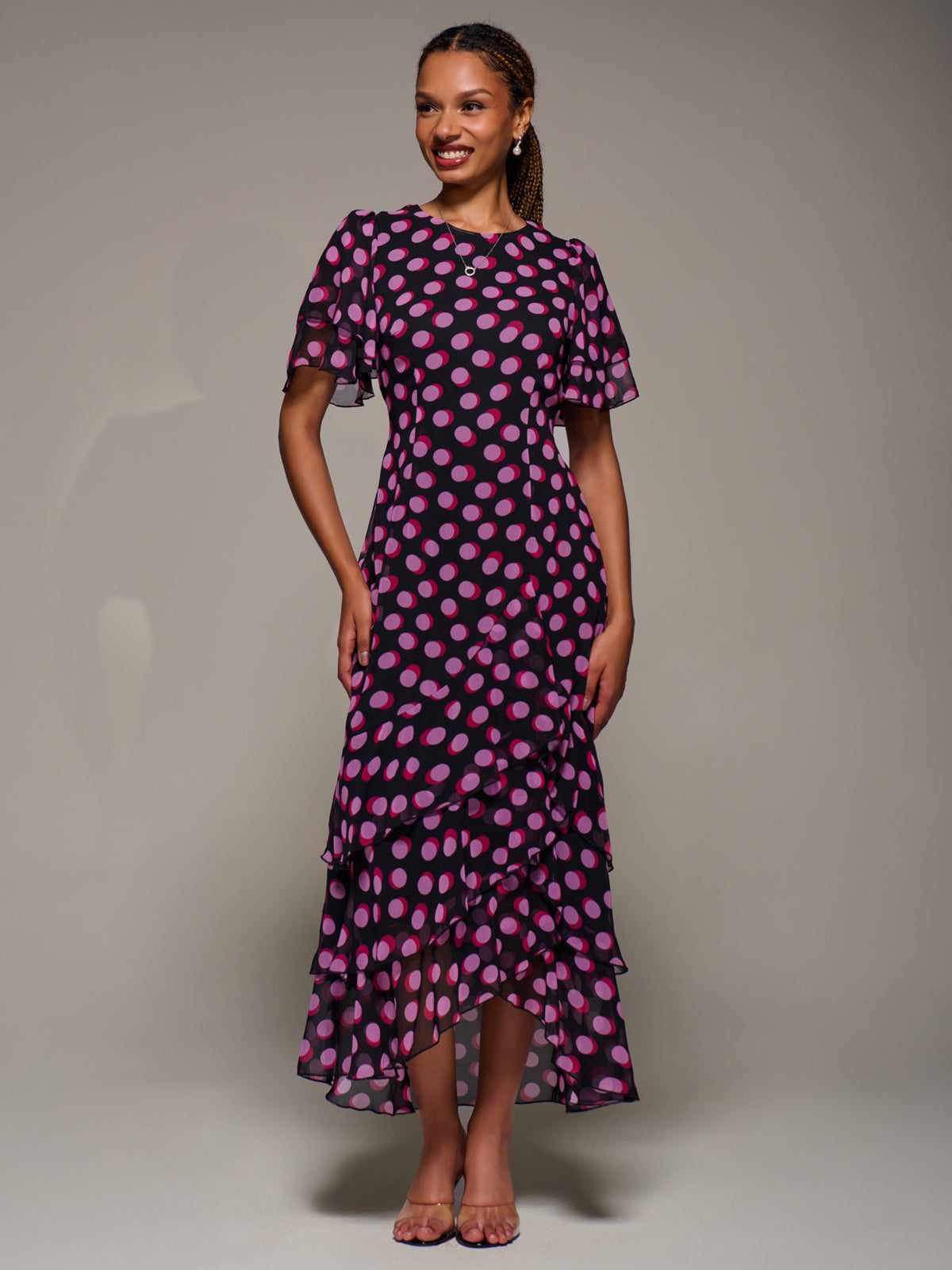 Ruffle Detail Chiffon Midaxi Dress, Black Spot – Jolie Moi Retail