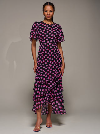 Ruffle Detail Chiffon Midaxi Dress, Black Spot