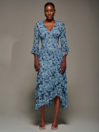 Mesh Ruffle Sleeve Tiered Midaxi Dress, Blue Floral