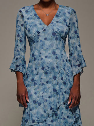 Mesh Ruffle Sleeve Tiered Midaxi Dress, Blue Floral