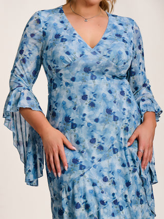 Mesh Ruffle Sleeve Tiered Midaxi Dress, Blue Floral