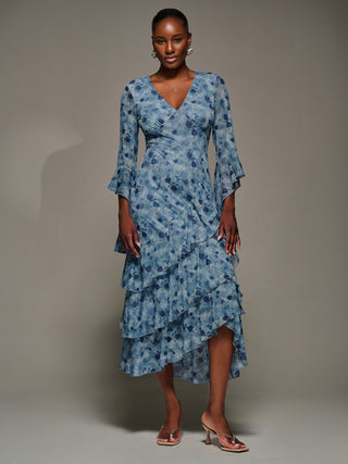 Mesh Ruffle Sleeve Tiered Midaxi Dress, Blue Floral