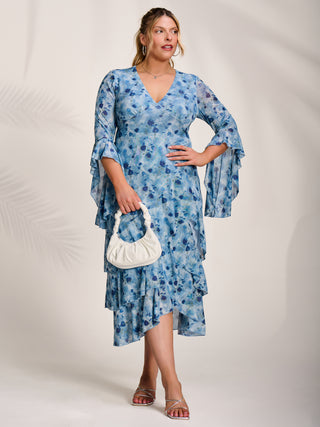 Mesh Ruffle Sleeve Tiered Midaxi Dress, Blue Floral