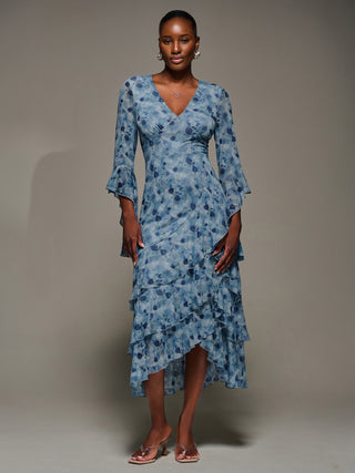 Mesh Ruffle Sleeve Tiered Midaxi Dress, Blue Floral