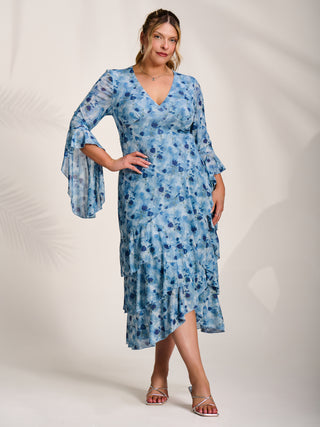 Mesh Ruffle Sleeve Tiered Midaxi Dress, Blue Floral