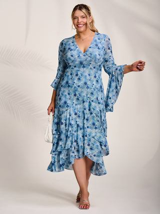 Mesh Ruffle Sleeve Tiered Midaxi Dress, Blue Floral