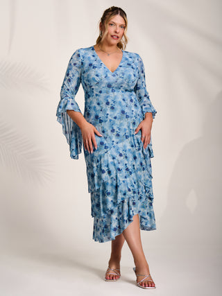 Mesh Ruffle Sleeve Tiered Midaxi Dress, Blue Floral