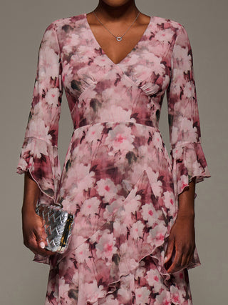 Mesh Ruffle Sleeve Tiered Midaxi Dress, Pink Floral