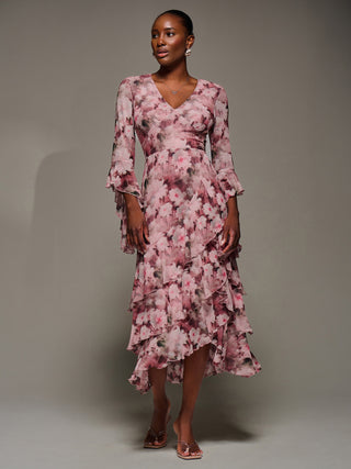 Mesh Ruffle Sleeve Tiered Midaxi Dress, Pink Floral