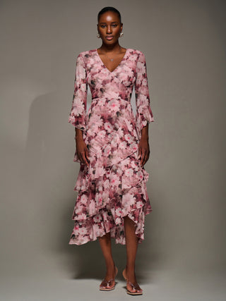 Mesh Ruffle Sleeve Tiered Midaxi Dress, Pink Floral
