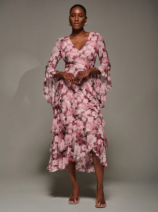 Mesh Ruffle Sleeve Tiered Midaxi Dress, Pink Floral