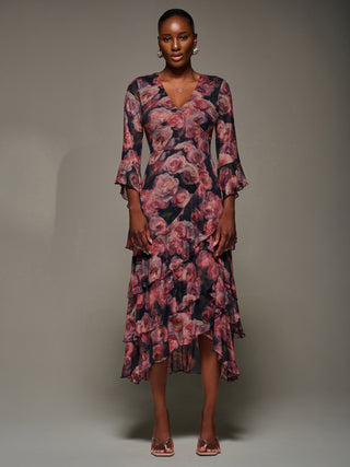 Mesh Ruffle Sleeve Tiered Midaxi Dress, Red Floral