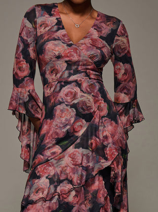 Mesh Ruffle Sleeve Tiered Midaxi Dress, Red Floral