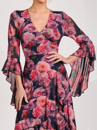 Mesh Ruffle Sleeve Tiered Midaxi Dress, Red Floral