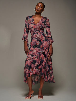 Mesh Ruffle Sleeve Tiered Midaxi Dress, Red Floral