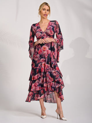 Mesh Ruffle Sleeve Tiered Midaxi Dress, Red Floral