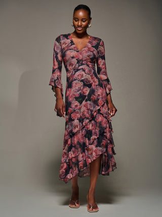 Mesh Ruffle Sleeve Tiered Midaxi Dress, Red Floral