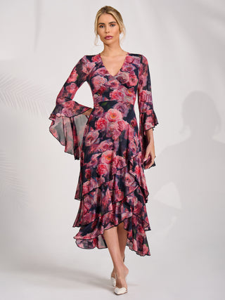 Mesh Ruffle Sleeve Tiered Midaxi Dress, Red Floral