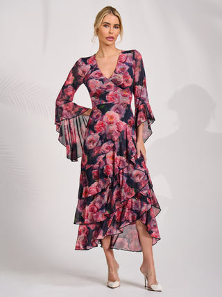 Mesh Ruffle Sleeve Tiered Midaxi Dress, Red Floral