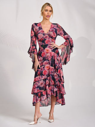 Mesh Ruffle Sleeve Tiered Midaxi Dress, Red Floral