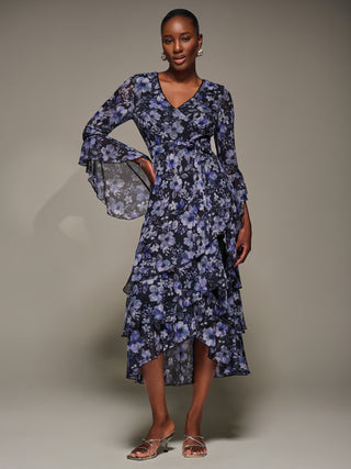 Ruffle Sleeve Tiered Mesh Midaxi Dress, Black Floral