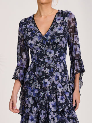 Ruffle Sleeve Tiered Mesh Midaxi Dress, Black Floral