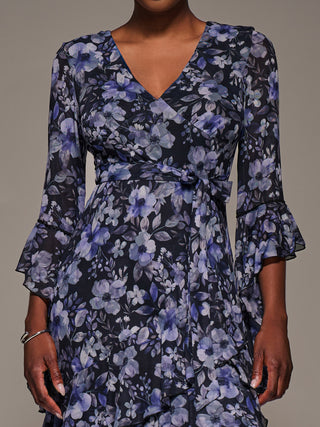 Ruffle Sleeve Tiered Mesh Midaxi Dress, Black Floral