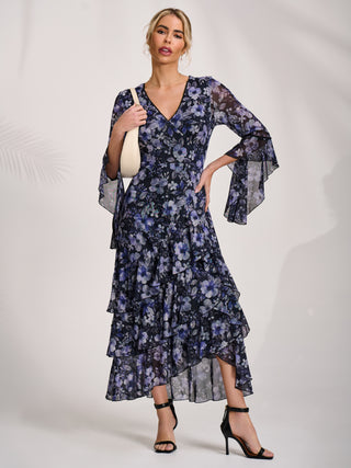 Ruffle Sleeve Tiered Mesh Midaxi Dress, Black Floral