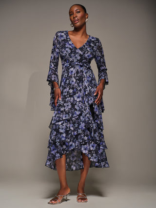 Ruffle Sleeve Tiered Mesh Midaxi Dress, Black Floral