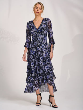 Ruffle Sleeve Tiered Mesh Midaxi Dress, Black Floral