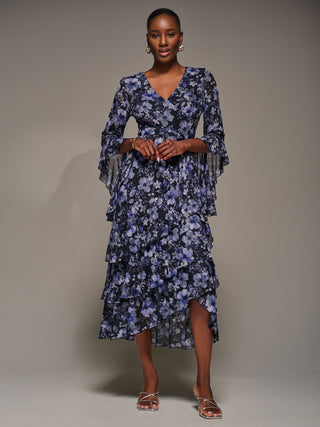 Ruffle Sleeve Tiered Mesh Midaxi Dress, Black Floral