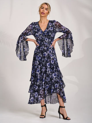 Ruffle Sleeve Tiered Mesh Midaxi Dress, Black Floral