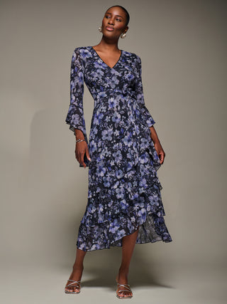 Ruffle Sleeve Tiered Mesh Midaxi Dress, Black Floral