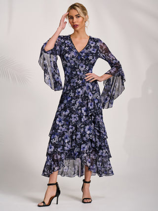Ruffle Sleeve Tiered Mesh Midaxi Dress, Black Floral