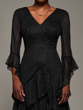Ruffle Sleeve Tiered Mesh Midaxi Dress, Black Spot