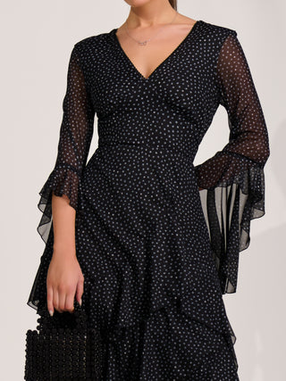 Ruffle Sleeve Tiered Mesh Midaxi Dress, Black Spot