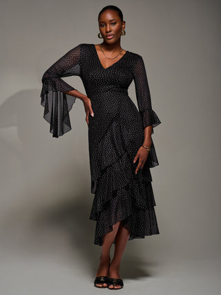 Ruffle Sleeve Tiered Mesh Midaxi Dress, Black Spot