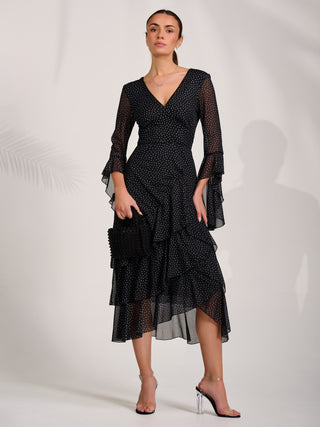 Ruffle Sleeve Tiered Mesh Midaxi Dress, Black Spot
