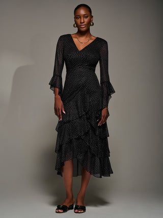 Ruffle Sleeve Tiered Mesh Midaxi Dress, Black Spot