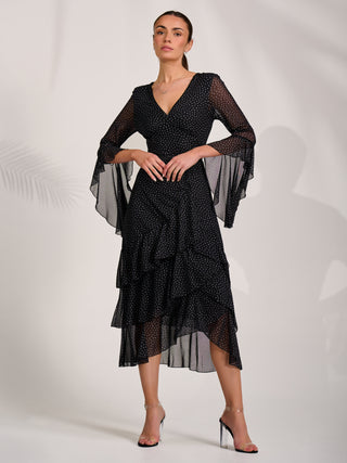 Ruffle Sleeve Tiered Mesh Midaxi Dress, Black Spot