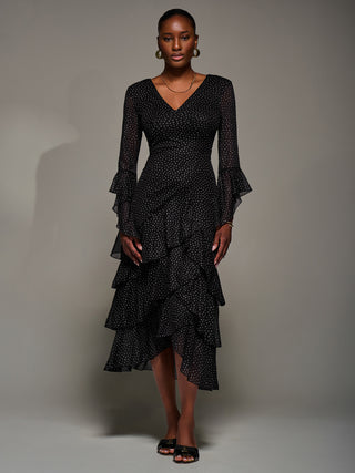 Ruffle Sleeve Tiered Mesh Midaxi Dress, Black Spot