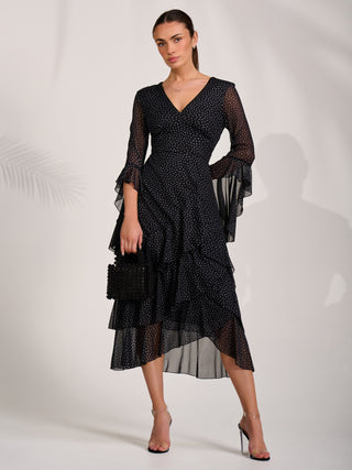 Ruffle Sleeve Tiered Mesh Midaxi Dress, Black Spot