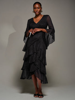 Ruffle Sleeve Tiered Mesh Midaxi Dress, Black Spot