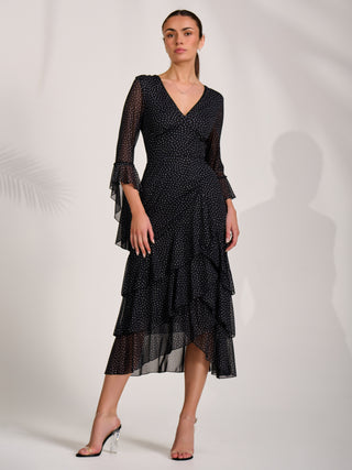 Ruffle Sleeve Tiered Mesh Midaxi Dress, Black Spot